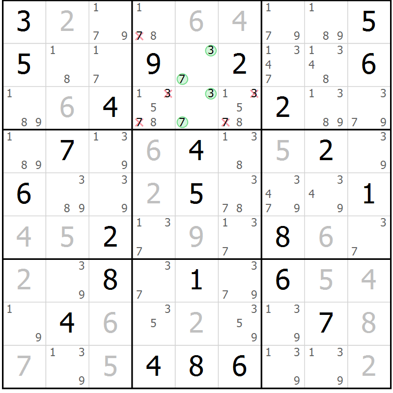Position des candidats pour la solution de la Gr 81 page 84 du magazine de sudoku Virtuose n° 111