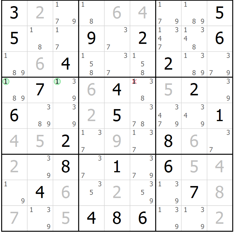 Position des candidats pour la solution de la Gr 81 page 84 du magazine de sudoku Virtuose n° 111