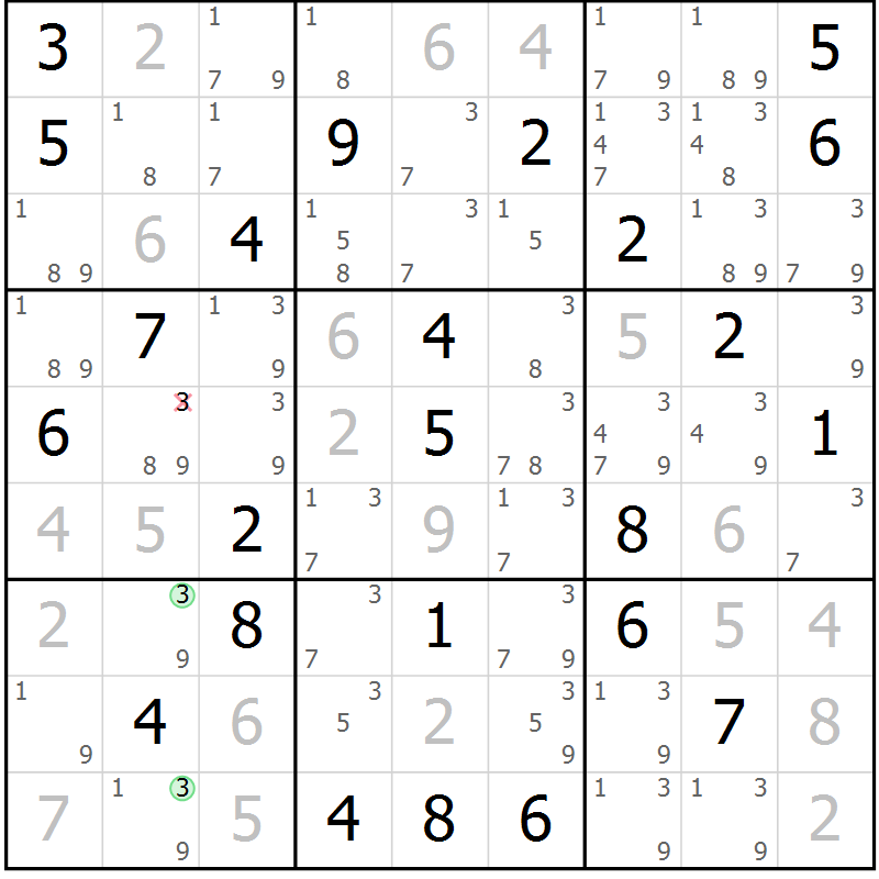 Position des candidats pour la solution de la Gr 81 page 84 du magazine de sudoku Virtuose n° 111