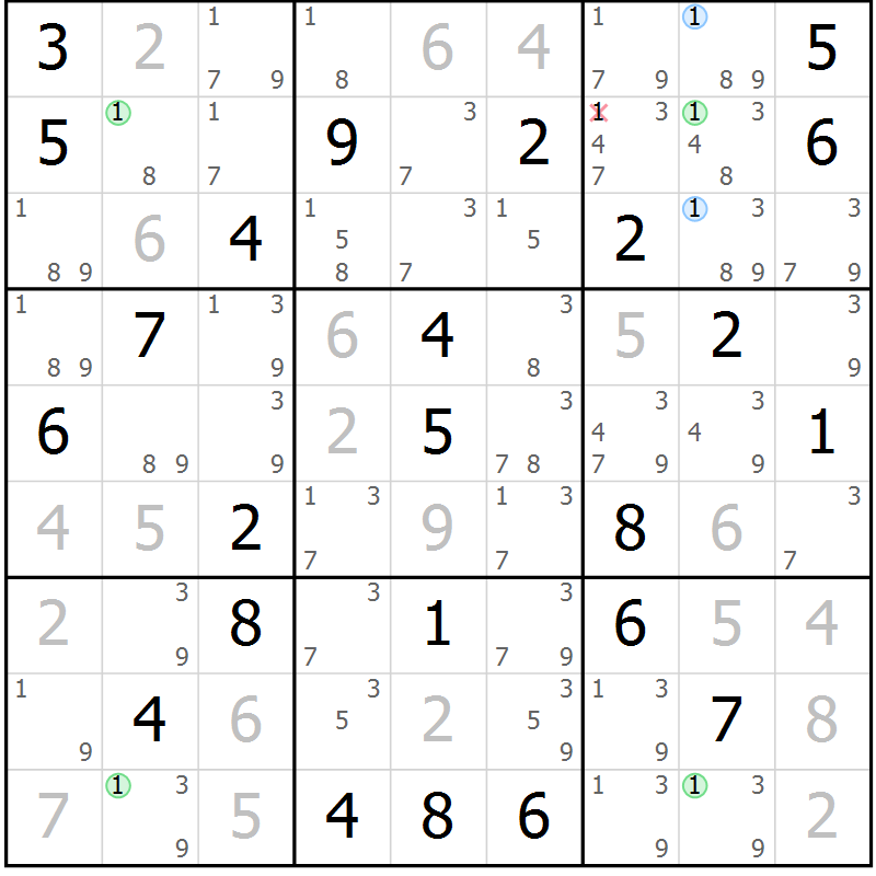 Position des candidats pour la solution de la Gr 81 page 84 du magazine de sudoku Virtuose n° 111
