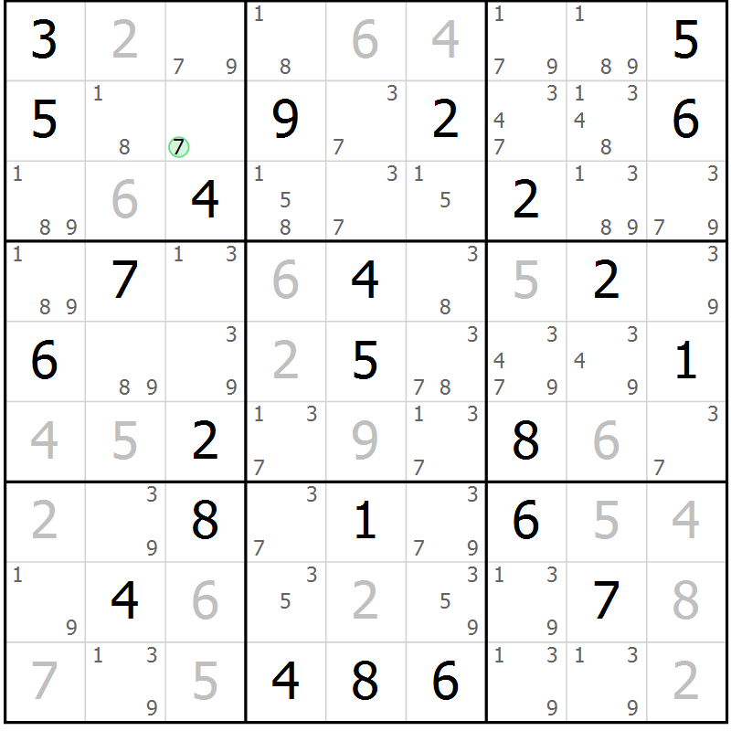 Position des candidats pour la solution de la Gr 81 page 84 du magazine de sudoku Virtuose n° 111