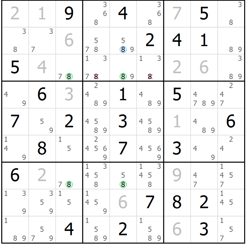 Position des candidats pour la solution de la Gr 82 page 85 du magazine de sudoku Virtuose n° 111