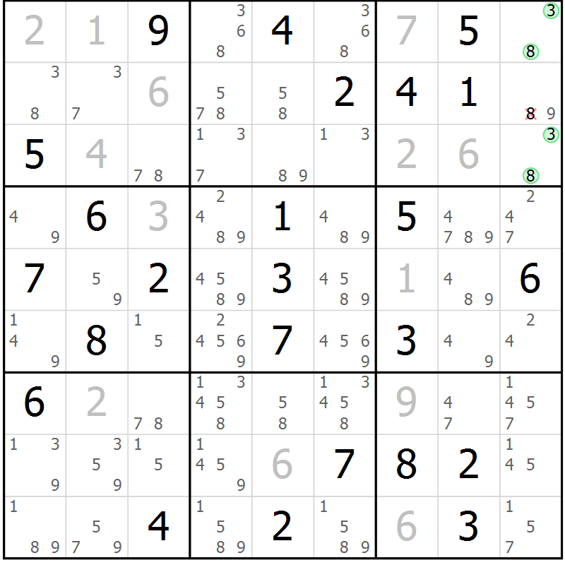 Position des candidats pour la solution de la Gr 82 page 85 du magazine de sudoku Virtuose n° 111