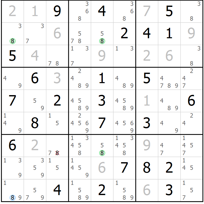 Position des candidats pour la solution de la Gr 82 page 85 du magazine de sudoku Virtuose n° 111