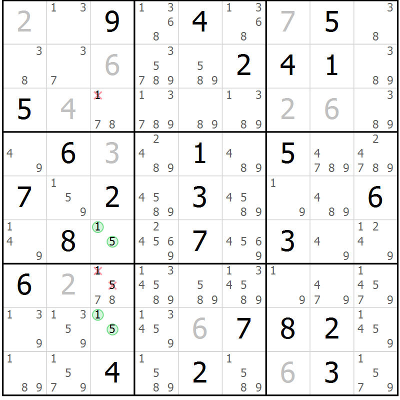Position des candidats pour la solution de la Gr 82 page 85 du magazine de sudoku Virtuose n° 111