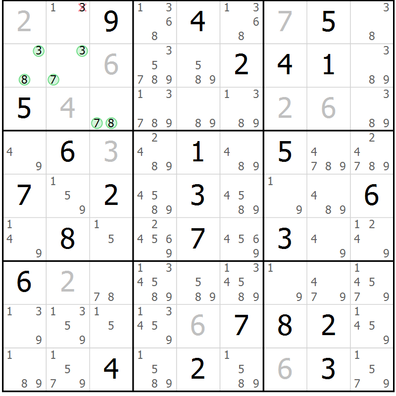 Position des candidats pour la solution de la Gr 82 page 85 du magazine de sudoku Virtuose n° 111