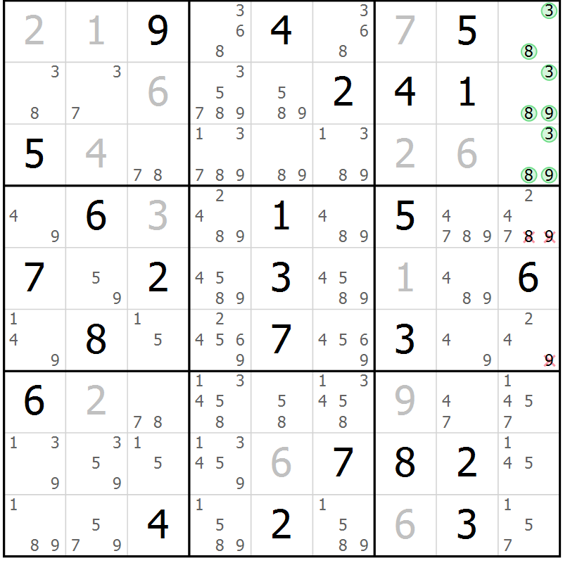 Position des candidats pour la solution de la Gr 82 page 85 du magazine de sudoku Virtuose n° 111