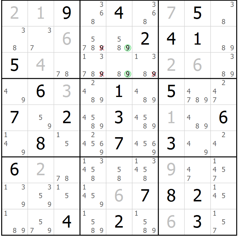 Position des candidats pour la solution de la Gr 82 page 85 du magazine de sudoku Virtuose n° 111