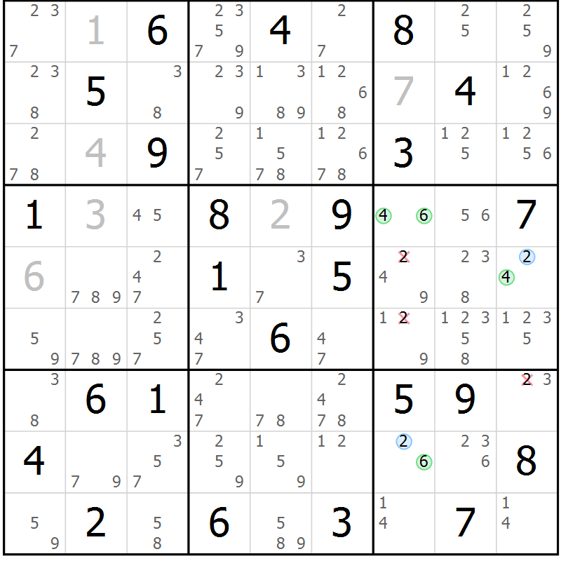Position des candidats pour la solution de la Gr 84 page 87 du magazine de sudoku Virtuose n° 111