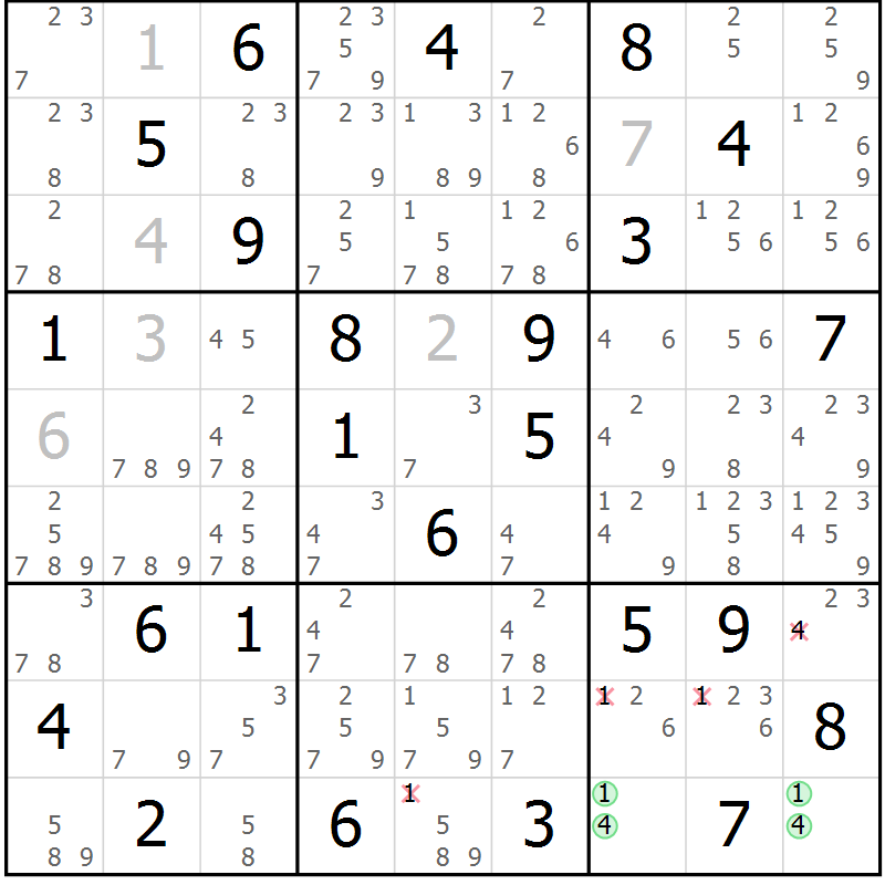 Position des candidats pour la solution de la Gr 84 page 87 du magazine de sudoku Virtuose n° 111