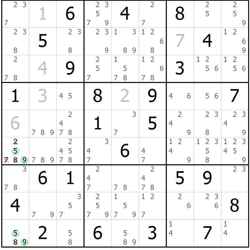 Position des candidats pour la solution de la Gr 84 page 87 du magazine de sudoku Virtuose n° 111