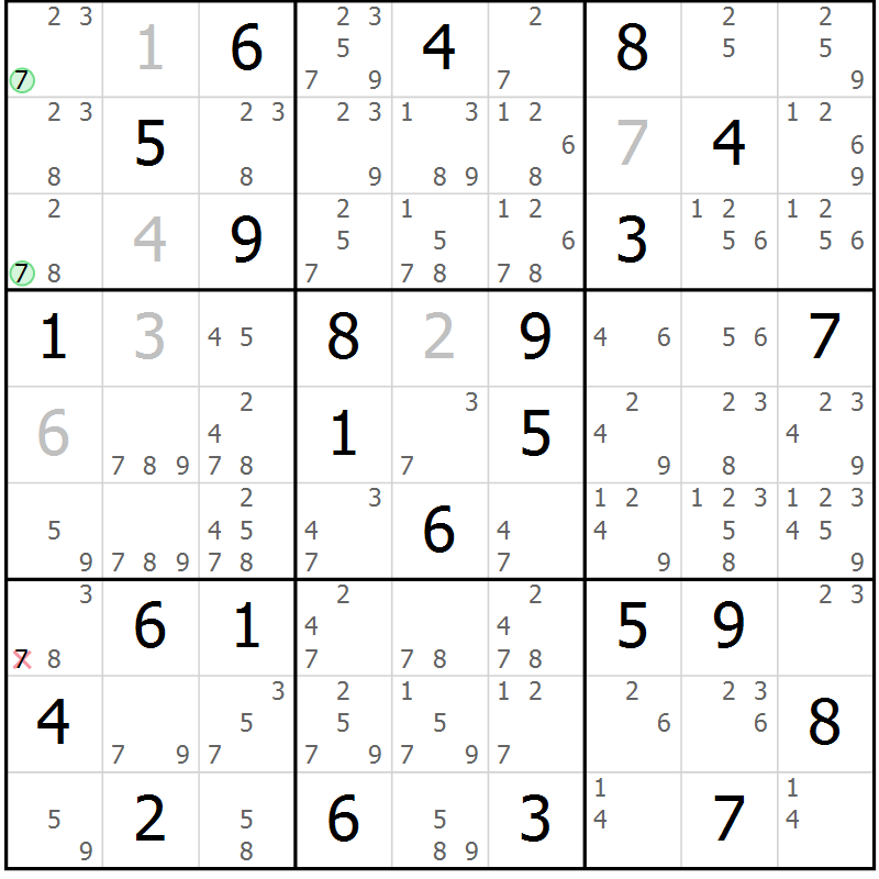 Position des candidats pour la solution de la Gr 84 page 87 du magazine de sudoku Virtuose n° 111
