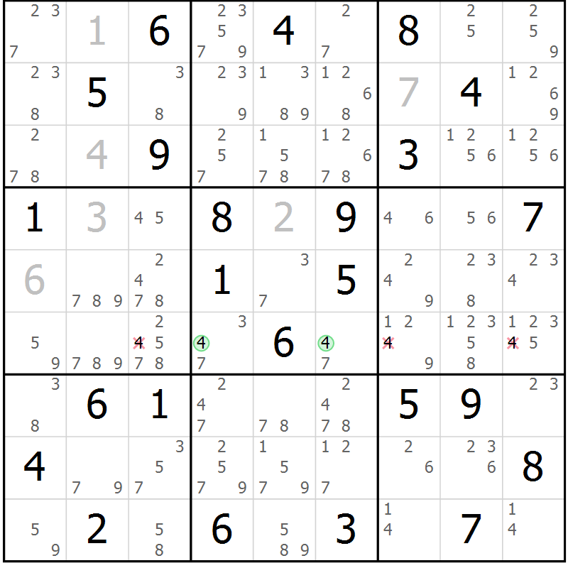 Position des candidats pour la solution de la Gr 84 page 87 du magazine de sudoku Virtuose n° 111