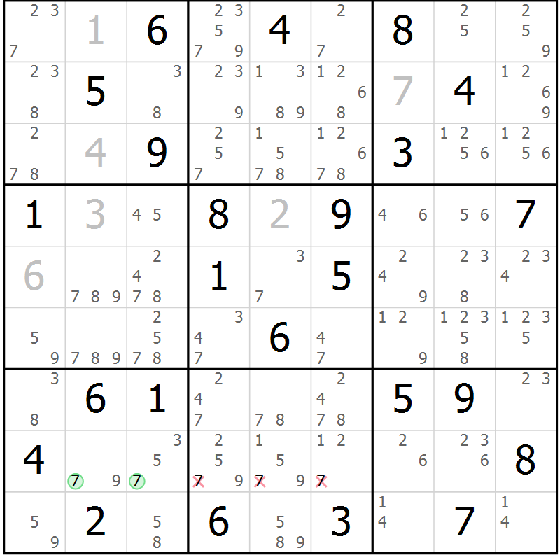 Position des candidats pour la solution de la Gr 84 page 87 du magazine de sudoku Virtuose n° 111