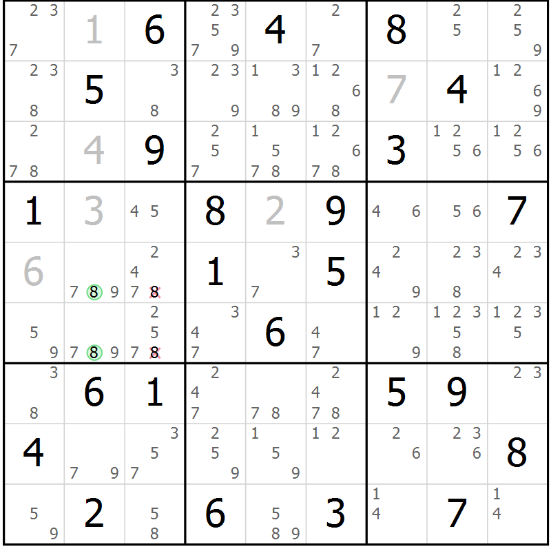 Position des candidats pour la solution de la Gr 84 page 87 du magazine de sudoku Virtuose n° 111