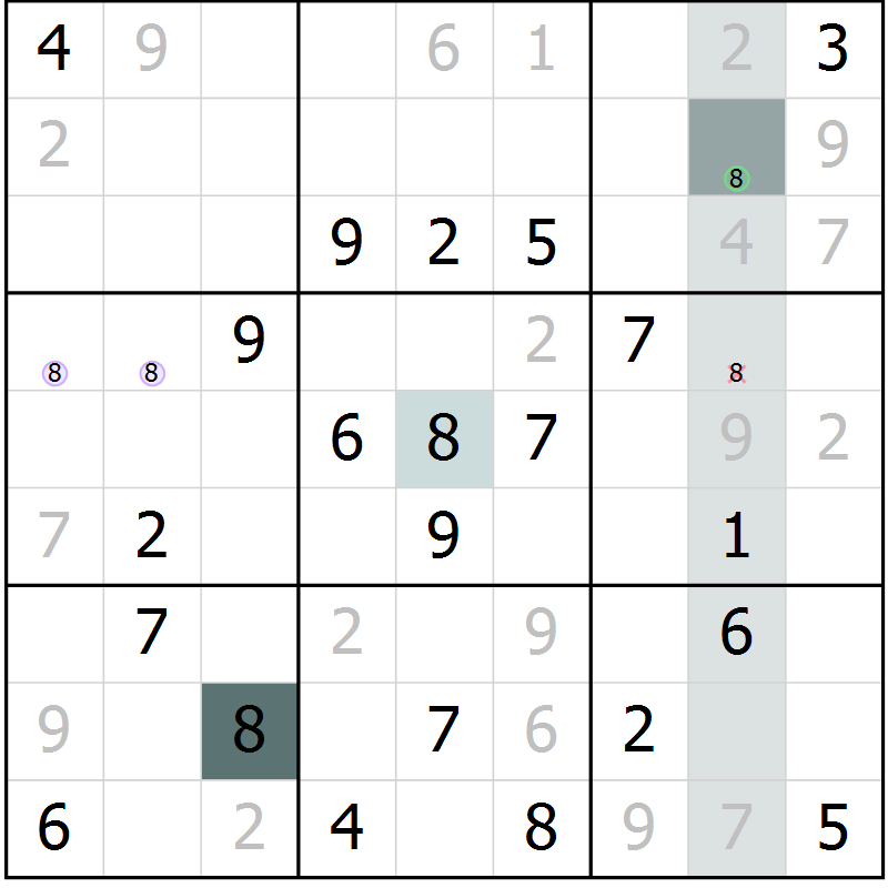 Position des candidats pour la solution de la Gr 9 page 12 du magazine de sudoku Virtuose n° 111