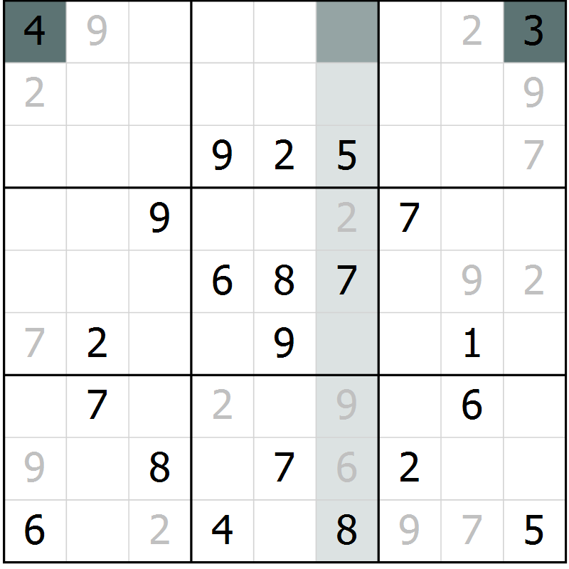 Position des candidats pour la solution de la Gr 9 page 12 du magazine de sudoku Virtuose n° 111
