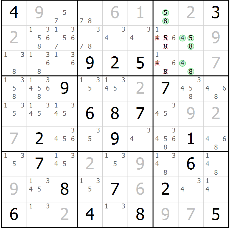 Position des candidats pour la solution de la Gr 9 page 12 du magazine de sudoku Virtuose n° 111