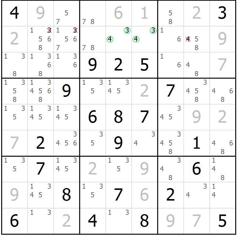Position des candidats pour la solution de la Gr 9 page 12 du magazine de sudoku Virtuose n° 111