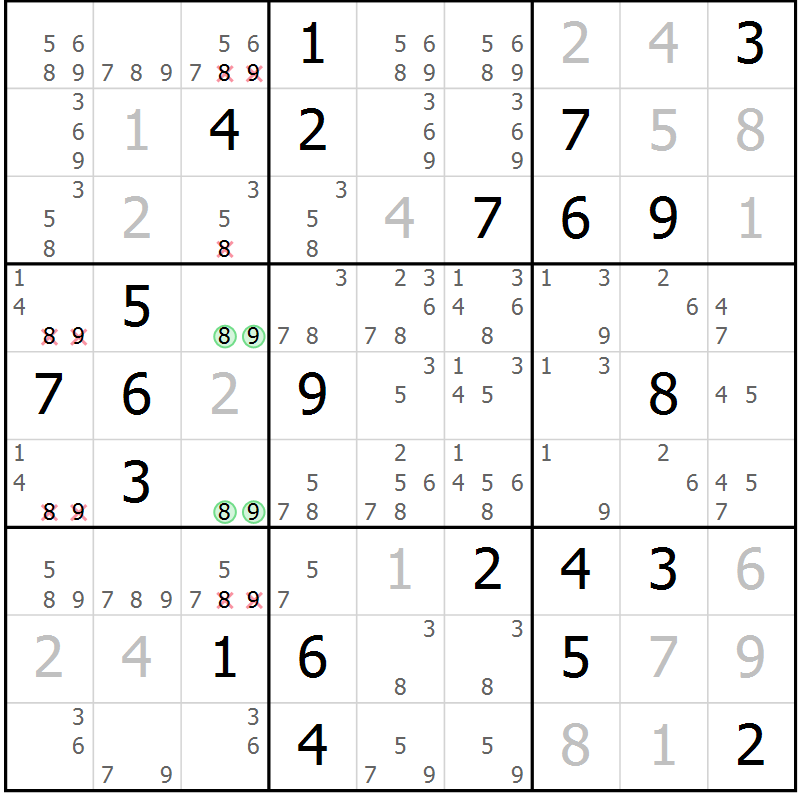 Position des candidats pour la solution de la Gr 1 page 4 du magazine de sudoku Virtuose n° 112