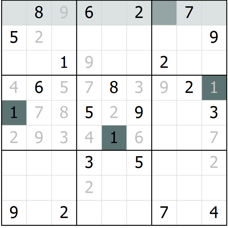 Position des candidats pour la solution de la Gr 11 page 14 du magazine de sudoku Virtuose n° 112