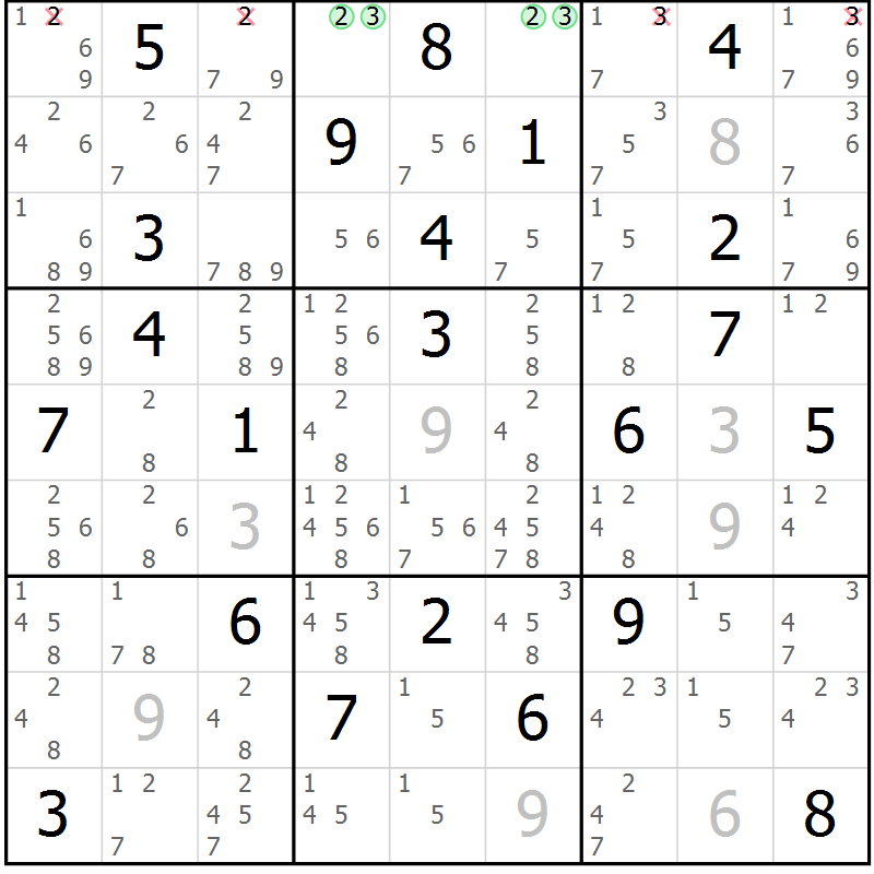Position des candidats pour la solution de la Gr 13 page 16 du magazine de sudoku Virtuose n° 112