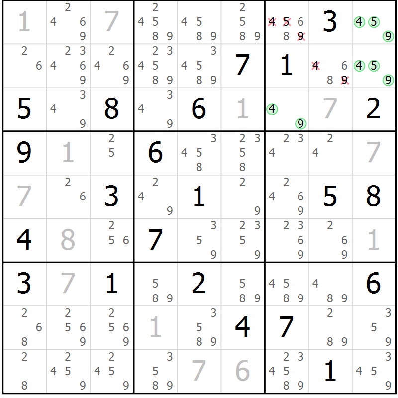 Position des candidats pour la solution de la Gr 14 page 17 du magazine de sudoku Virtuose n° 112