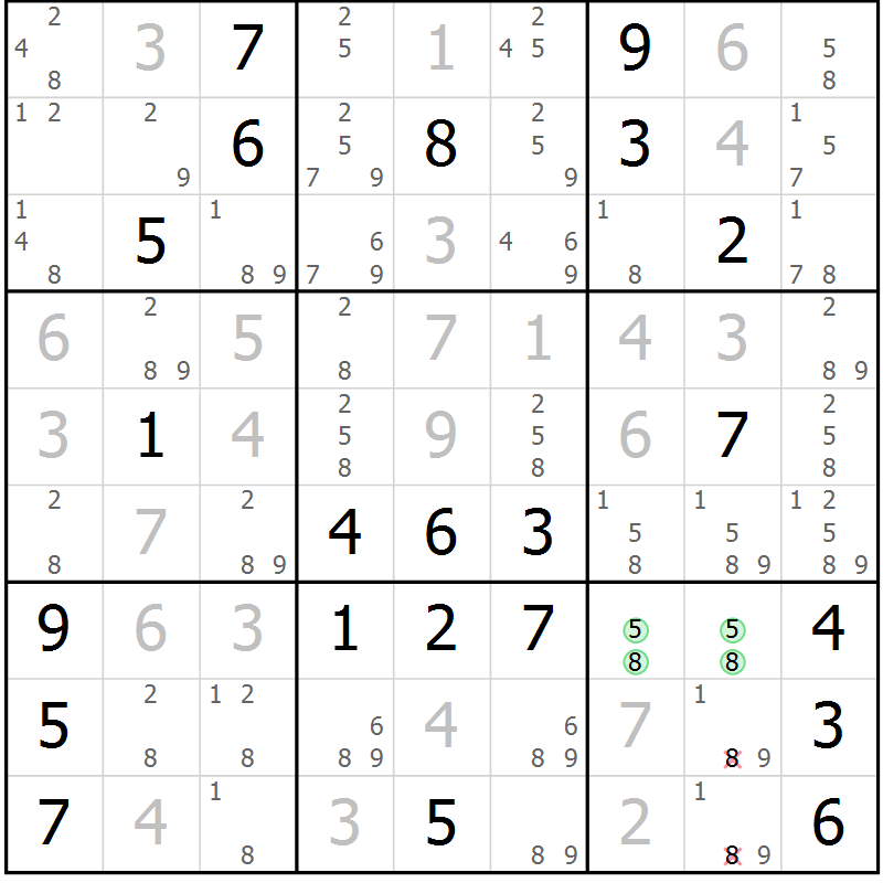 Position des candidats pour la solution de la Gr 16 page 19 du magazine de sudoku Virtuose n° 112