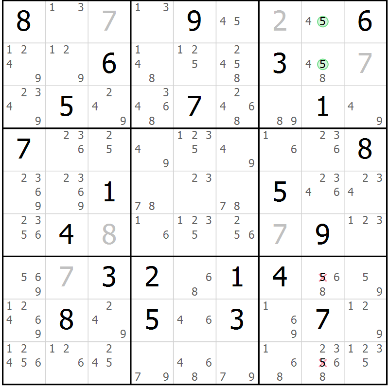 Position des candidats pour la solution de la Gr 18 page 21 du magazine de sudoku Virtuose n° 112