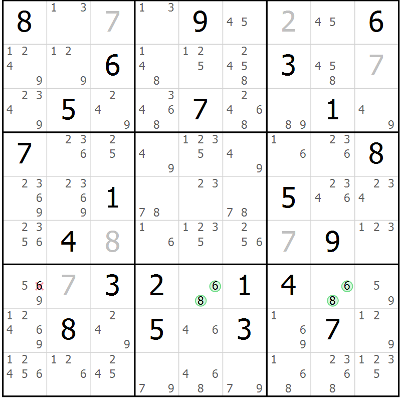 Position des candidats pour la solution de la Gr 18 page 21 du magazine de sudoku Virtuose n° 112