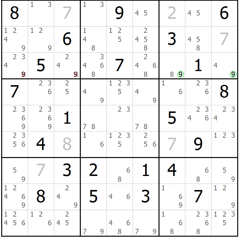 Position des candidats pour la solution de la Gr 18 page 21 du magazine de sudoku Virtuose n° 112