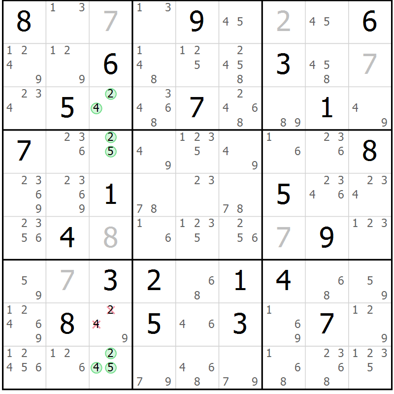 Position des candidats pour la solution de la Gr 18 page 21 du magazine de sudoku Virtuose n° 112