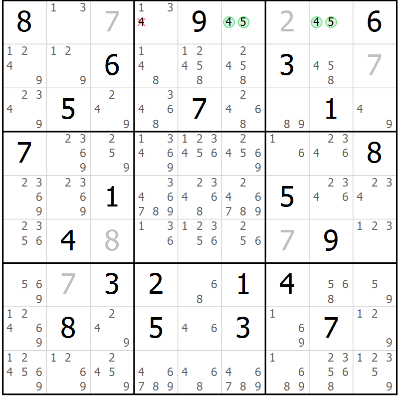 Position des candidats pour la solution de la Gr 18 page 21 du magazine de sudoku Virtuose n° 112