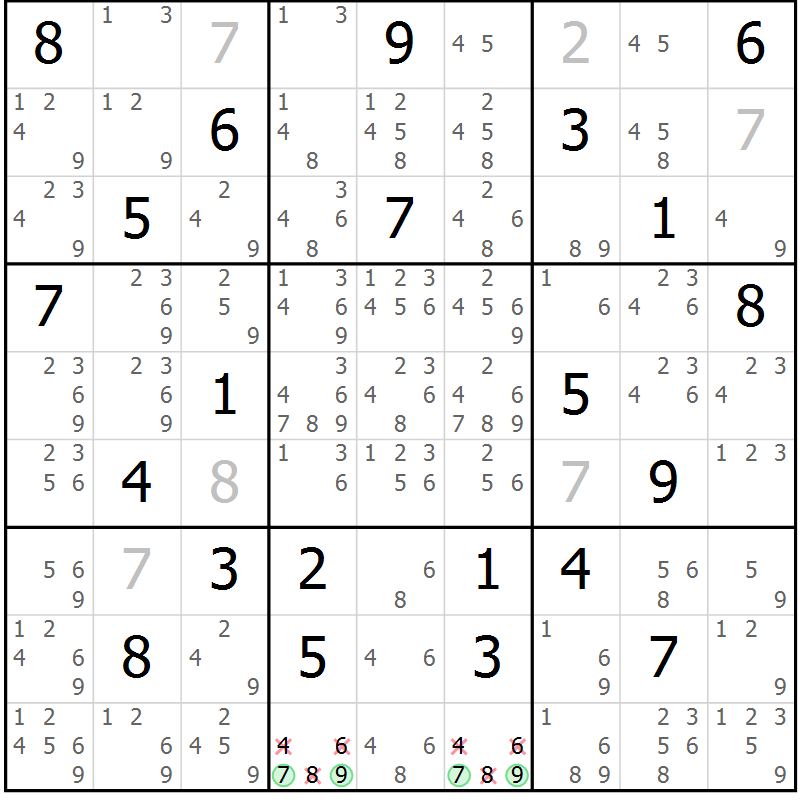 Position des candidats pour la solution de la Gr 18 page 21 du magazine de sudoku Virtuose n° 112