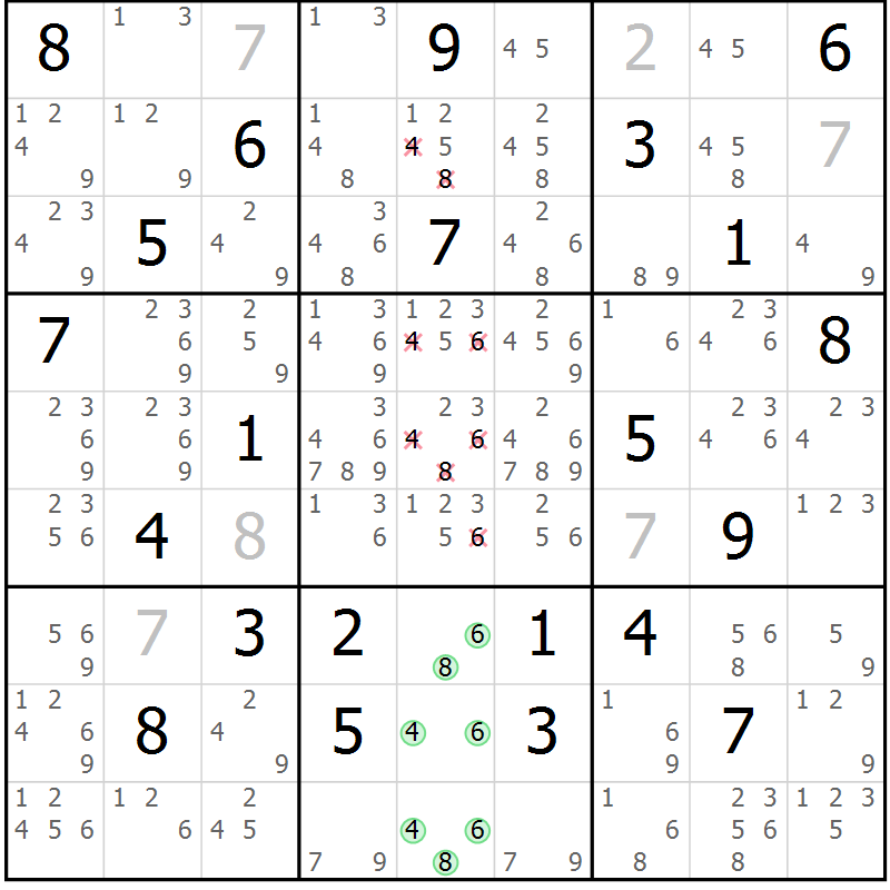 Position des candidats pour la solution de la Gr 18 page 21 du magazine de sudoku Virtuose n° 112