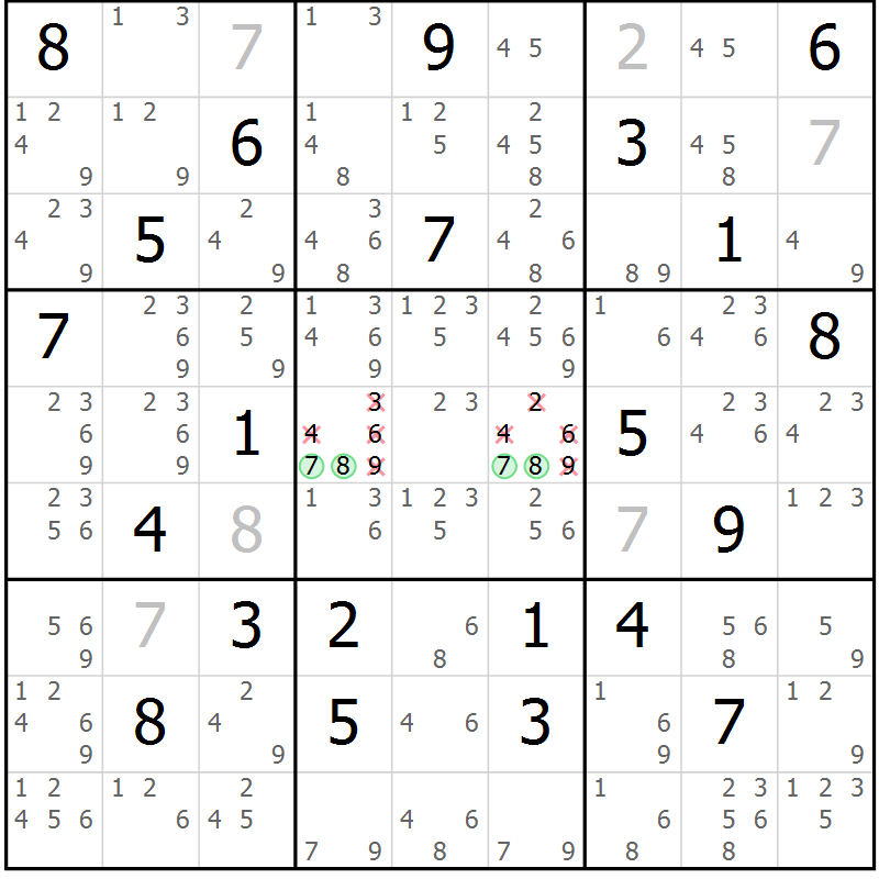 Position des candidats pour la solution de la Gr 18 page 21 du magazine de sudoku Virtuose n° 112