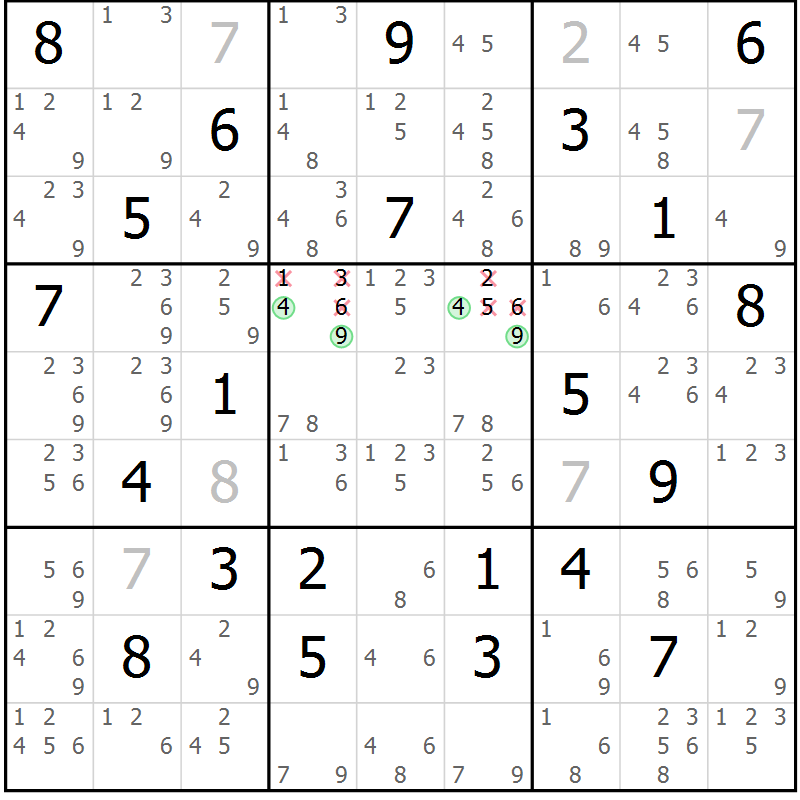 Position des candidats pour la solution de la Gr 18 page 21 du magazine de sudoku Virtuose n° 112