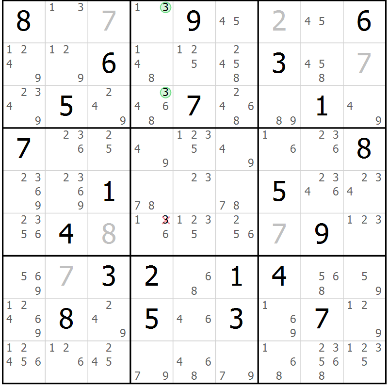 Position des candidats pour la solution de la Gr 18 page 21 du magazine de sudoku Virtuose n° 112