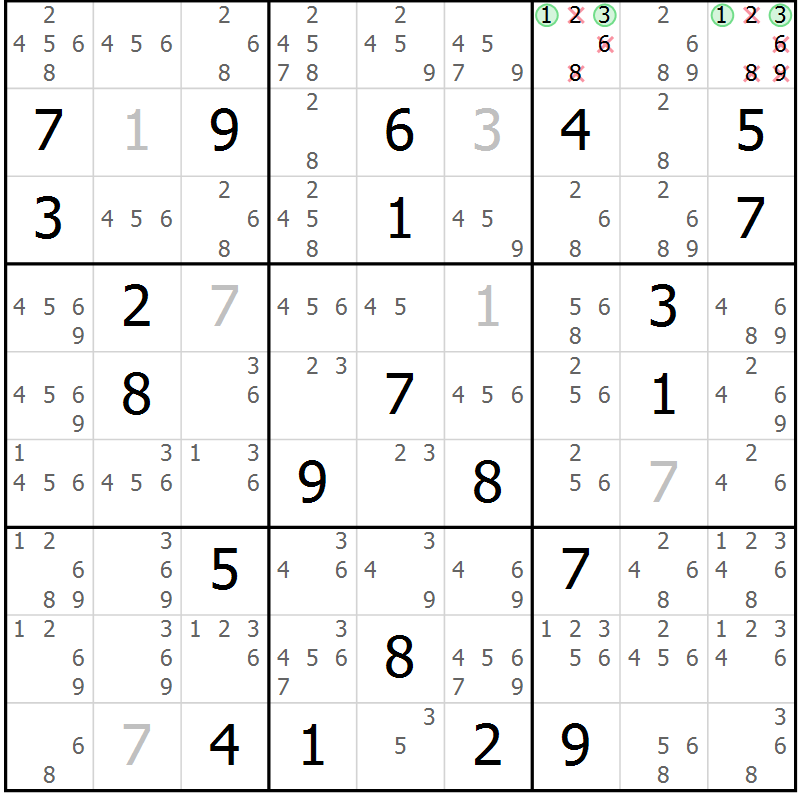 Position des candidats pour la solution de la Gr 20 page 23 du magazine de sudoku Virtuose n° 112