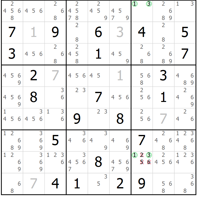 Position des candidats pour la solution de la Gr 20 page 23 du magazine de sudoku Virtuose n° 112