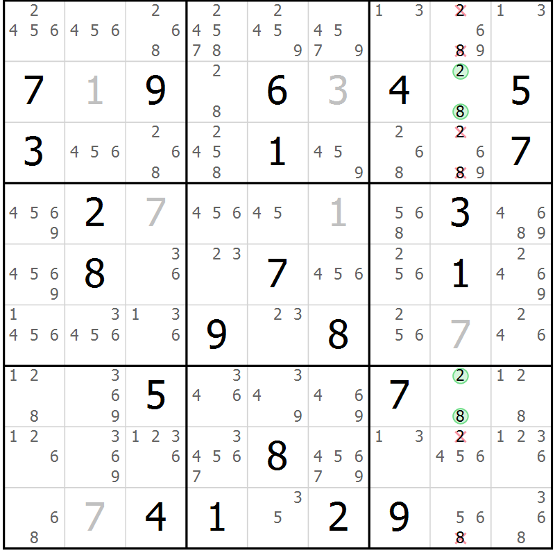 Position des candidats pour la solution de la Gr 20 page 23 du magazine de sudoku Virtuose n° 112