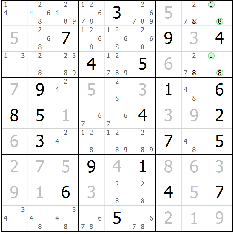 Position des candidats pour la solution de la Gr 21 page 24 du magazine de sudoku Virtuose n° 112