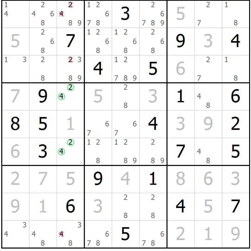 Position des candidats pour la solution de la Gr 21 page 24 du magazine de sudoku Virtuose n° 112