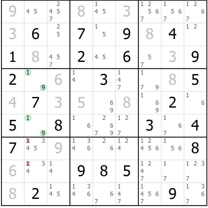 Position des candidats pour la solution de la Gr 24 page 27 du magazine de sudoku Virtuose n° 112