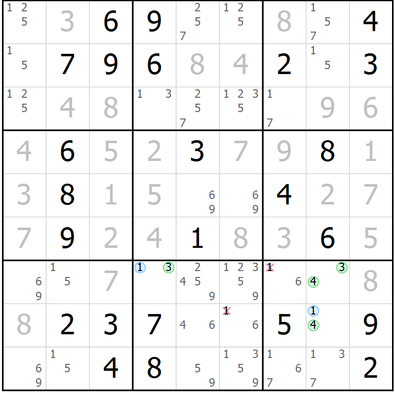 Position des candidats pour la solution de la Gr 25 page 28 du magazine de sudoku Virtuose n° 112