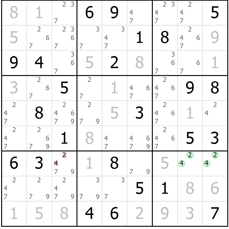 Position des candidats pour la solution de la Gr 26 page 29 du magazine de sudoku Virtuose n° 112