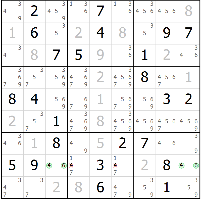 Position des candidats pour la solution de la Gr 28 page 31 du magazine de sudoku Virtuose n° 112