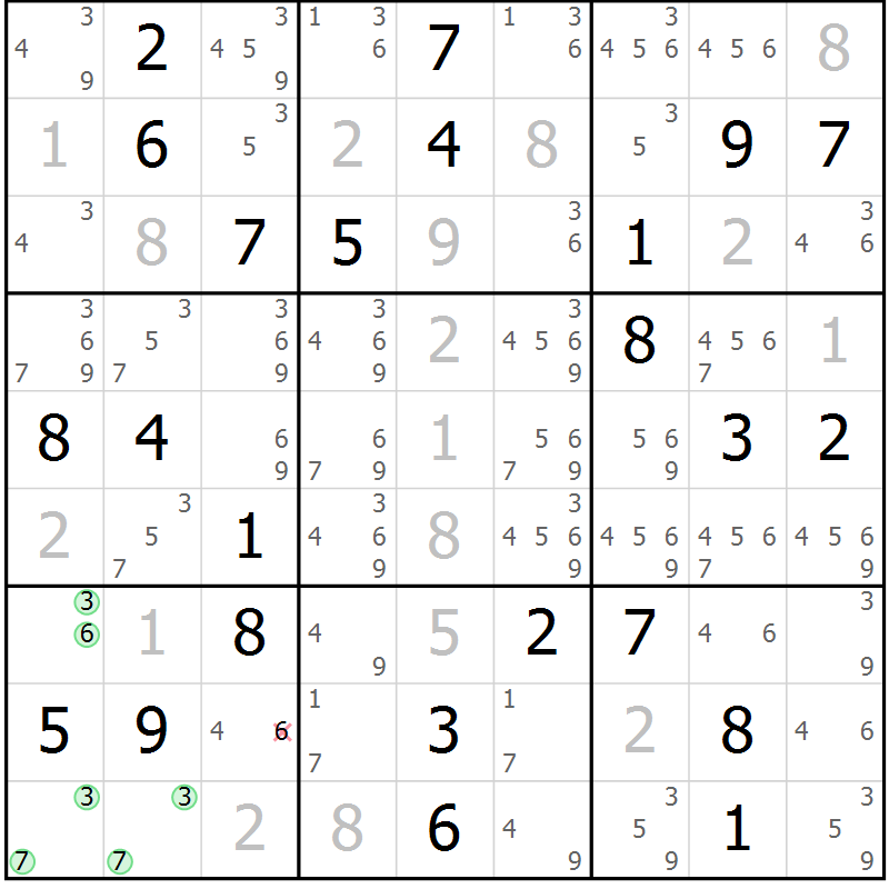 Position des candidats pour la solution de la Gr 28 page 31 du magazine de sudoku Virtuose n° 112