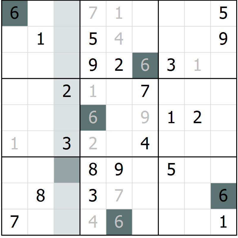 Position des candidats pour la solution de la Gr 3 page 6 du magazine de sudoku Virtuose n° 112