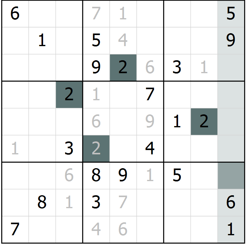 Position des candidats pour la solution de la Gr 3 page 6 du magazine de sudoku Virtuose n° 112
